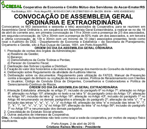 EDITAL DE CONVOCAÇÃO PARA ASSEMBLEIA GERAL ORDINÁRIA 27 de abril